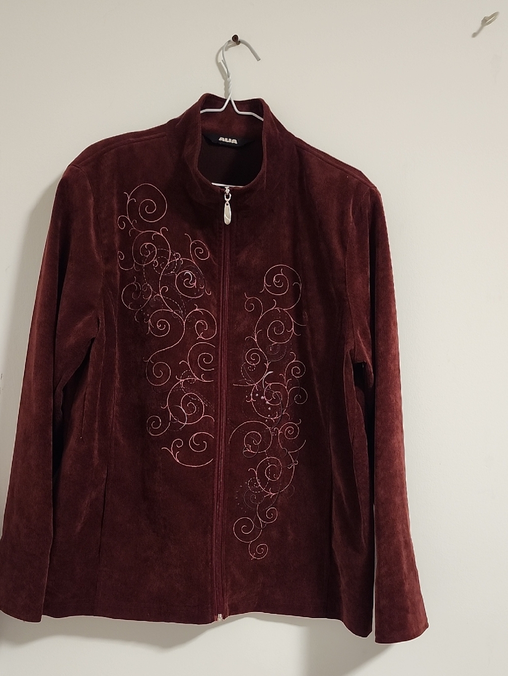 ALIA Women's Burgundy  Zip-Front Jacket with Embroidered Swirls